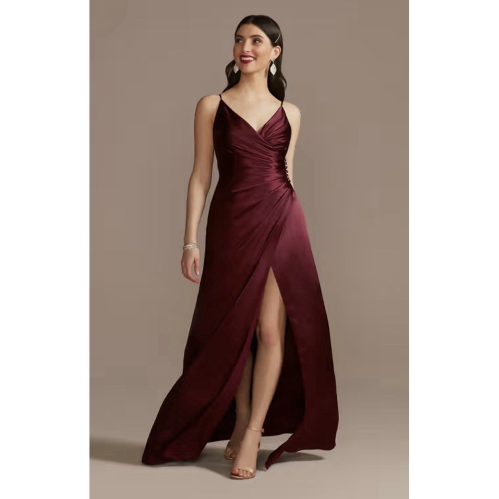 Galina Signature Dress Womens Sz 6 Wine Satin Maxi Ruched Bridesmaid Prom Formal